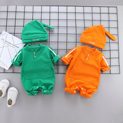 儿童春秋长袖连体男女宝宝时尚带帽衣服0-3个月婴幼儿爬服潮可爱