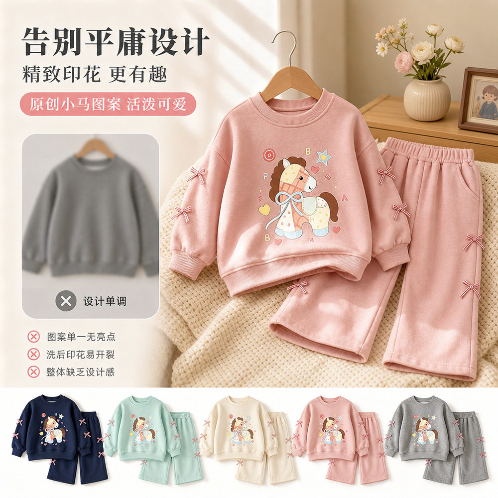 女童蝴蝶结套装韩版春秋时尚新款卡通长袖卫衣阔腿裤洋气两件套潮