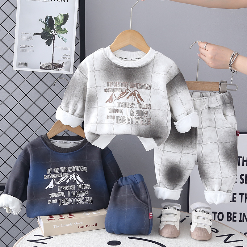 男童秋冬装2025新款加绒洋气套装宝宝冬季格子印花卫衣婴儿童装潮