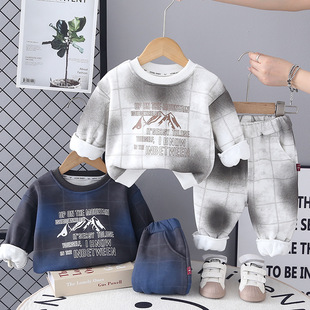 男童秋冬装2025新款加绒洋气套装宝宝冬季格子印花卫衣婴儿童装潮