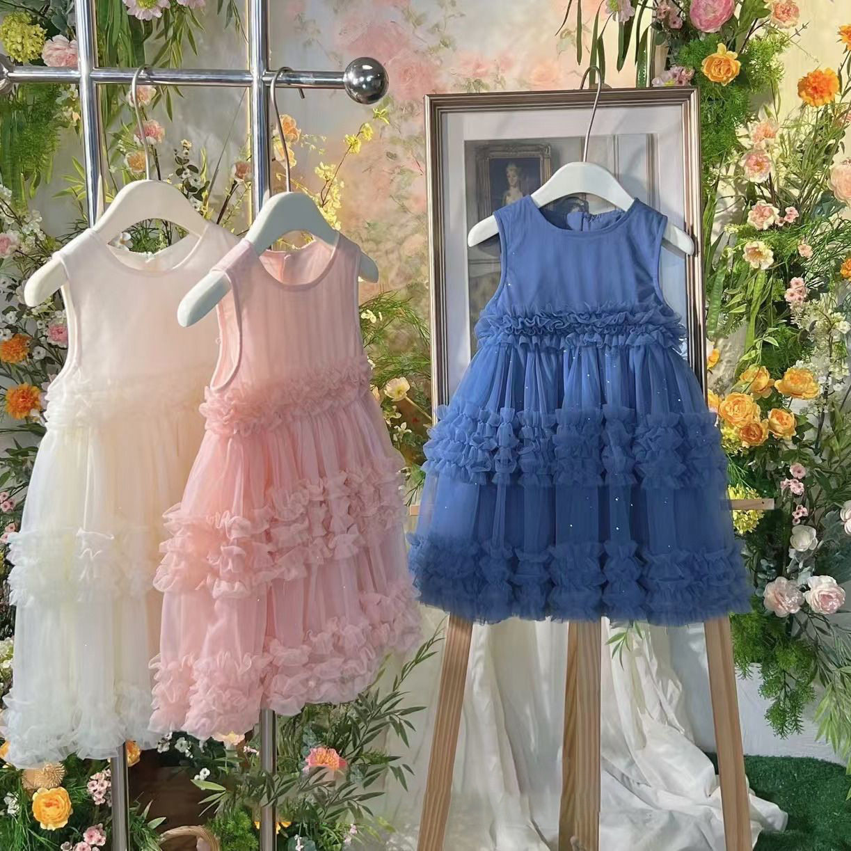 外贸女小童公主连衣裙夏季蓬蓬背心裙新款女孩甜美洋气网纱清新爆