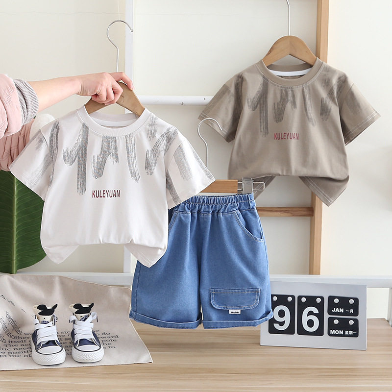 婴儿衣服夏季2025新款洋气印花字母短袖套装一岁男宝宝小童夏装潮
