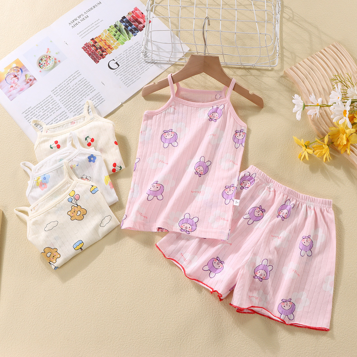 儿童吊带裙裤套装夏季女童棉睡衣家居服吸汗背心短裙宝宝空调服