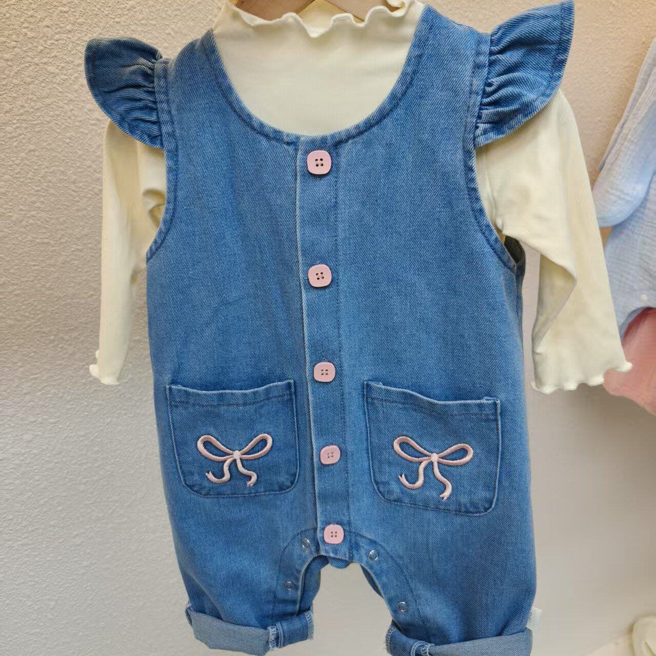 秋季新款女宝宝牛仔背带裤婴儿连体衣套装新生儿洋气公主爬爬服潮