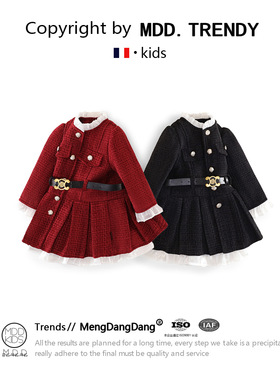 MDD女童小香风秋冬加绒连衣裙2024新款红色花边公主裙拜年服节日