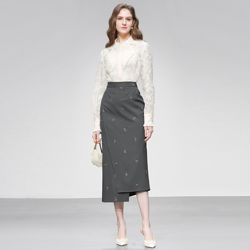 简约领型薄纱微透衬衣长款灰色