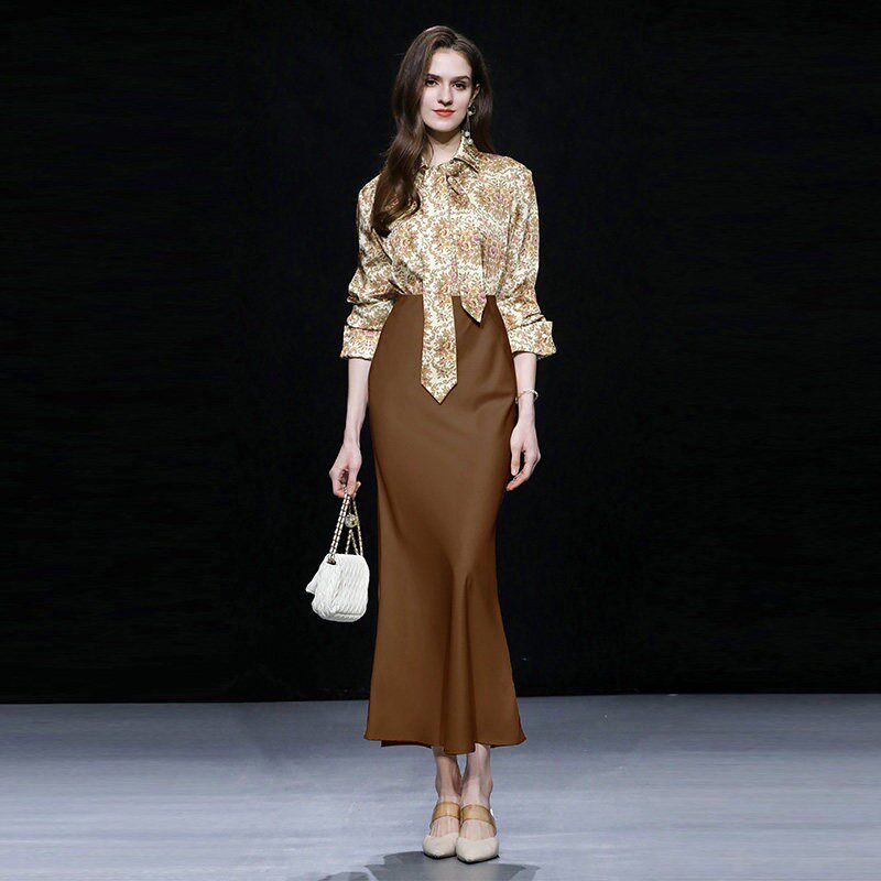 2026春季新款宫廷领带衬衣衬衫缎面鱼尾半裙简约优雅气质套装