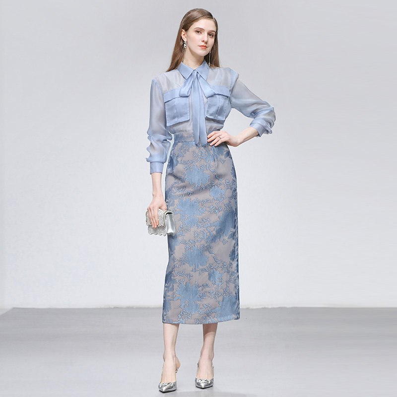 直身宽松薄纱半透衬衫蓝色提花