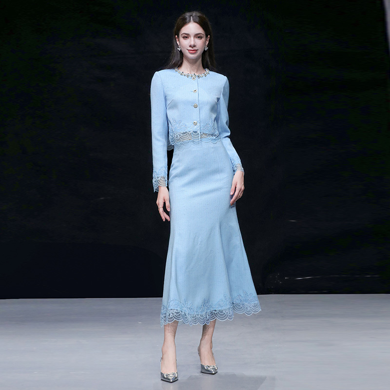 2025秋新款小香气质名媛钻条圆领蕾丝拼接外套+高腰鱼尾半裙套装