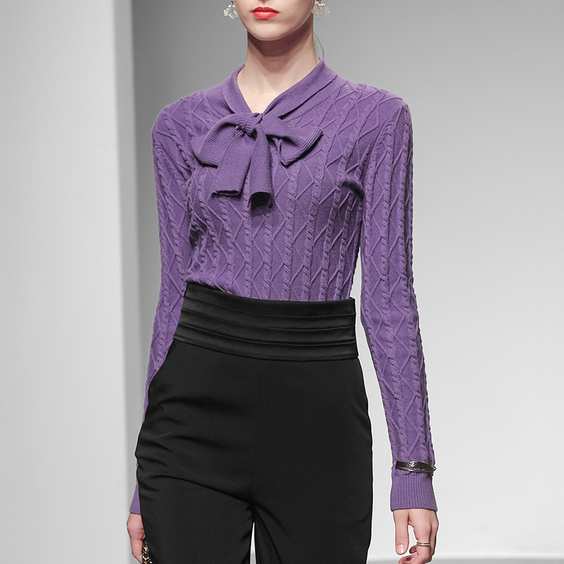 2025秋装新款欧美时尚气质名媛蝴蝶结麻花辫针织百搭毛衣女装