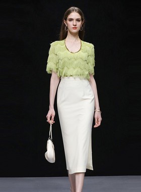 2024夏季新款气质圆领宽松绿色流苏短袖上衣高腰直筒开衩半裙套装