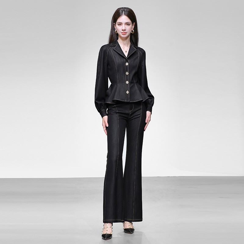 2025秋季新款时尚复古修身荷叶边牛仔上衣外套+显瘦微喇长裤套装