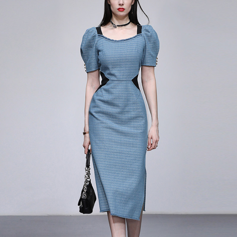 夏季女装2026新款气质浅蓝色修身收腰显瘦牛仔裙连衣裙长裙裙子女