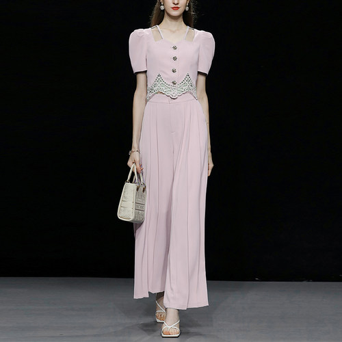 泡泡袖上衣阔腿裤长裤裤子