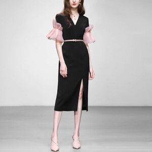 2026夏季女装新款气质撞色荷叶袖修身收腰显瘦开衩连衣裙长裙裙子