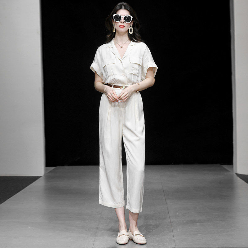 夏季女装2026新款米杏色工装风棉麻连体裤连衣裤阔腿裤九分裤