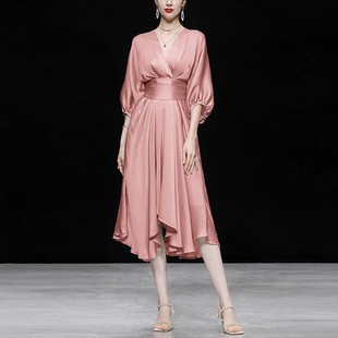 2023新款 气质复古法式 女装 夏季 橘粉色收腰显瘦缎面连衣裙长裙裙子