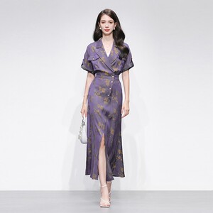 2026夏季新款女装天丝牛仔提花收腰鱼尾开衩气质优雅西装领连衣裙