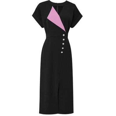 撞色拼接收腰A摆开衩连衣裙