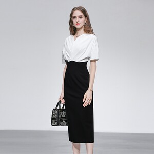 夏季新款时尚气质通勤经典V领落肩短袖收腰修身包臀连衣裙