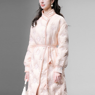 达菲时尚冬季款新中式国风灯笼袖系带收腰刺绣白鸭绒中长款羽绒服