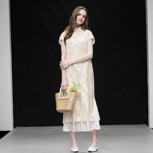2025夏季新款女装新中式舒适宽松长款短袖连衣裙慵懒欧根纱提花