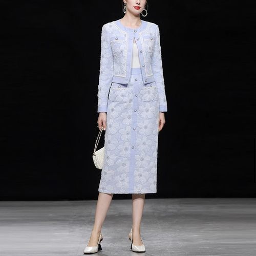 达菲时尚秋冬女装2025新款气质淡紫色绣花粗花呢外套上衣裙子套装