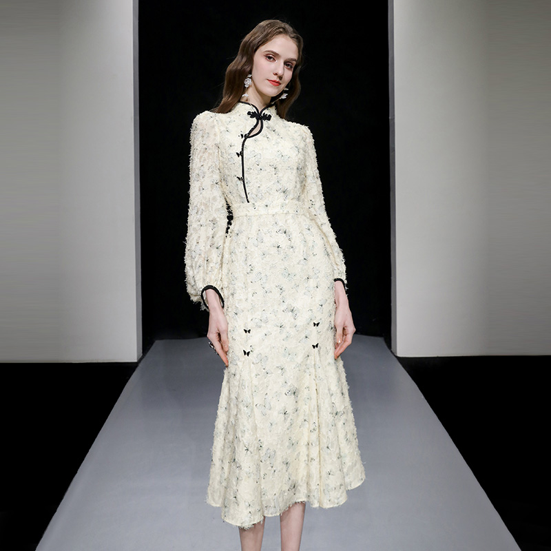 达菲时尚新中式国风连衣裙立领包边长袖旗袍礼服长裙2025秋冬新款