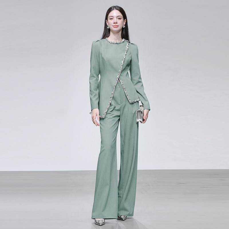 2025秋季新款小香风富家千金钻条圆领收腰开衩上衣+高腰阔腿长裤