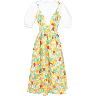 2025夏季新款浪漫法式假两件撞色灯笼袖收腰大摆印花衬衣连衣裙女