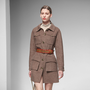 2025冬季新款时尚复古咖色千鸟格双面呢大衣衬衫式呢子外套女