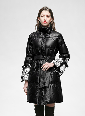 2025冬装新款欧美百搭时尚黑色加厚中长款气质时尚蕾丝羽绒服外套