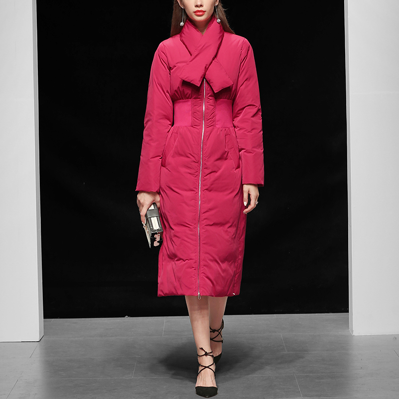 2025冬新款欧美时尚气质立领围脖收腰长袖直筒中长款羽绒外套