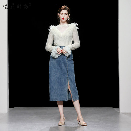 2025秋季女装法式圆领针织毛衣开衩牛仔直筒裙半裙气质简约套装