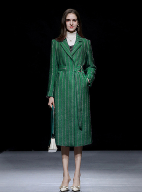 2025秋冬季新款时尚大方西装领不规则腰带绣花绿色粗花呢大衣