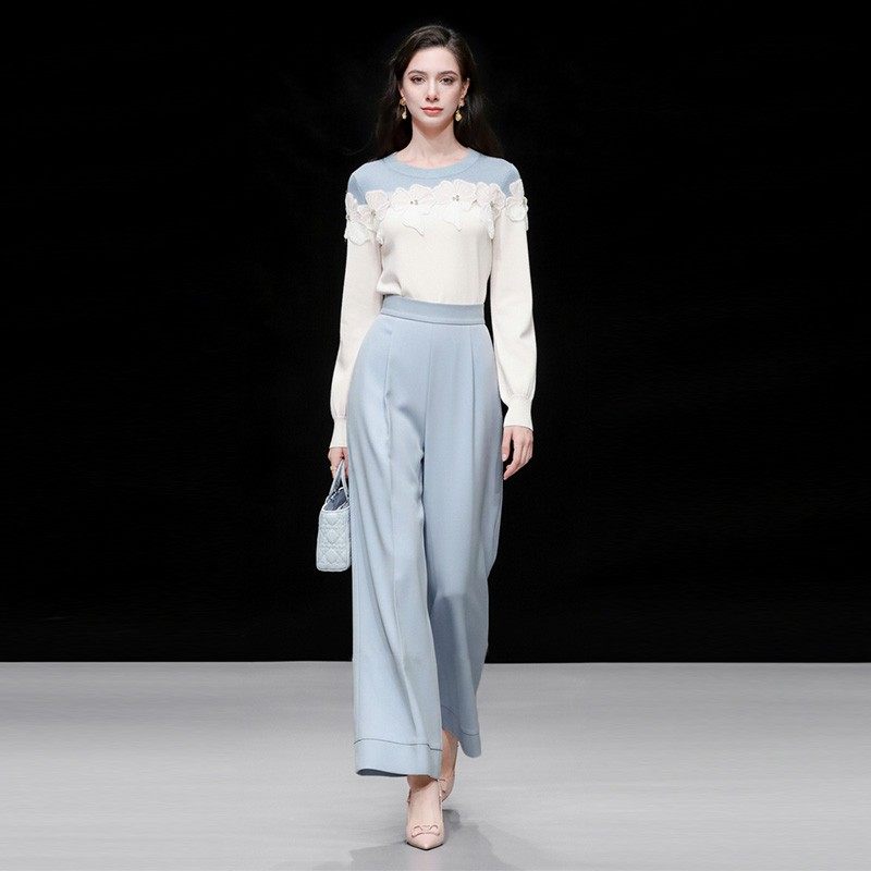 2025秋冬季气质千金风高级感拼色毛衣+高腰修身阔腿裤长裤套装女