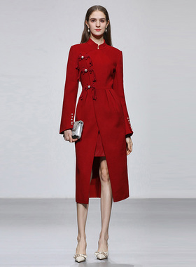 20255春季新款女装新中式双面呢红色大衣修身显瘦中长款外套