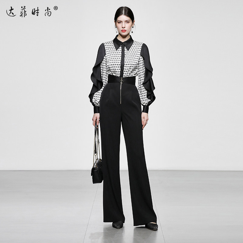 2025秋季气质设计感荷叶袖印花上衣高腰个性腰头直筒长裤