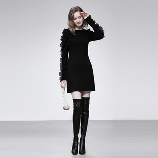 达菲时尚新年礼服时尚黑色半裙秋冬装性感心机直筒显瘦针织连衣裙