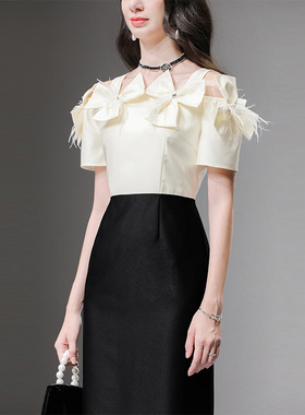 2025夏季新款千金风一字领缎面立体花撞色显瘦收腰直筒黑色连衣裙