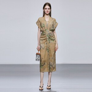 2026夏季新款新中式复古印花棉麻V领显瘦短袖连衣裙国风中长裙