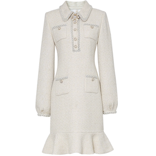 达菲时尚2026春季新款气质重工钉珠收腰荷叶拼接亮片花呢连衣裙子