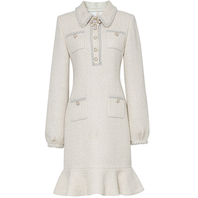 达菲时尚2026春季新款气质重工钉珠收腰荷叶拼接亮片花呢连衣裙子