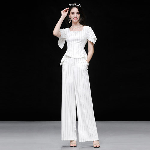 白色条纹收腰上衣高腰阔腿裤裤子
