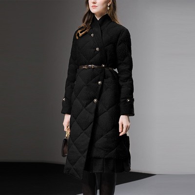 2025冬季女装时尚复古黑色中长款宽松不对称门襟羽绒服外套潮