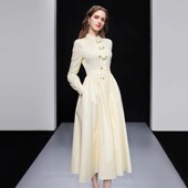 大摆连衣裙衬衫 2026早春气质国风立领流苏盘扣收腰修身 泡泡袖 长裙