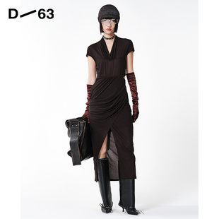 褶皱通勤短袖 D63女装 连衣裙气质收腰法式 25夏季 V领长裙茶歇裙 新款