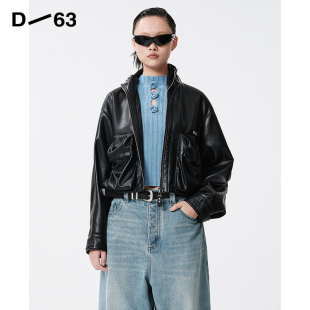 立领休闲短款 D63女装 皮衣黑色短款 新品 夹克外套 25春季
