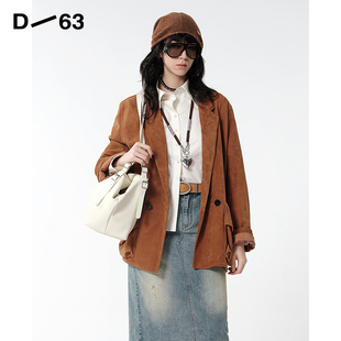 D63焦糖色宽松廓形西装外套女复古双排扣灯芯绒休闲西服慵懒风