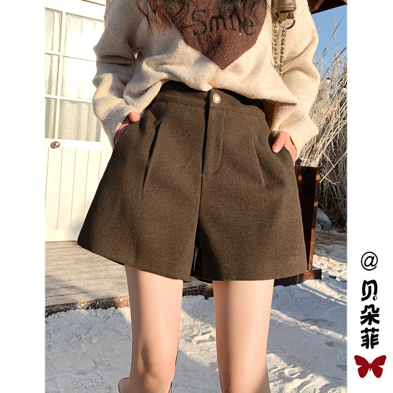 咖色毛呢短裤女冬天搭配靴子外穿高腰阔腿裤2025新款小个子休闲裤
